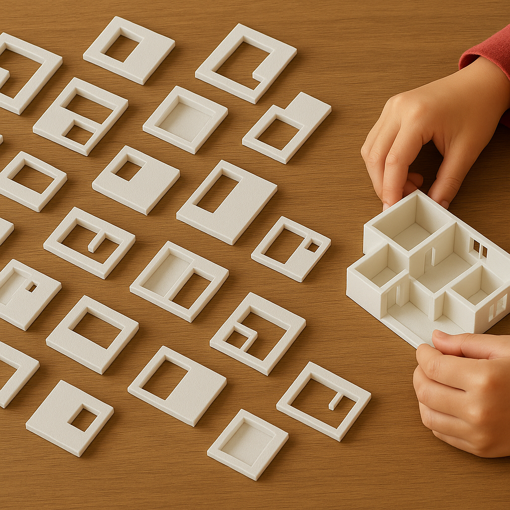 3Dプリンターで作った間取りパーツを組み立てる家づくり体験の様子