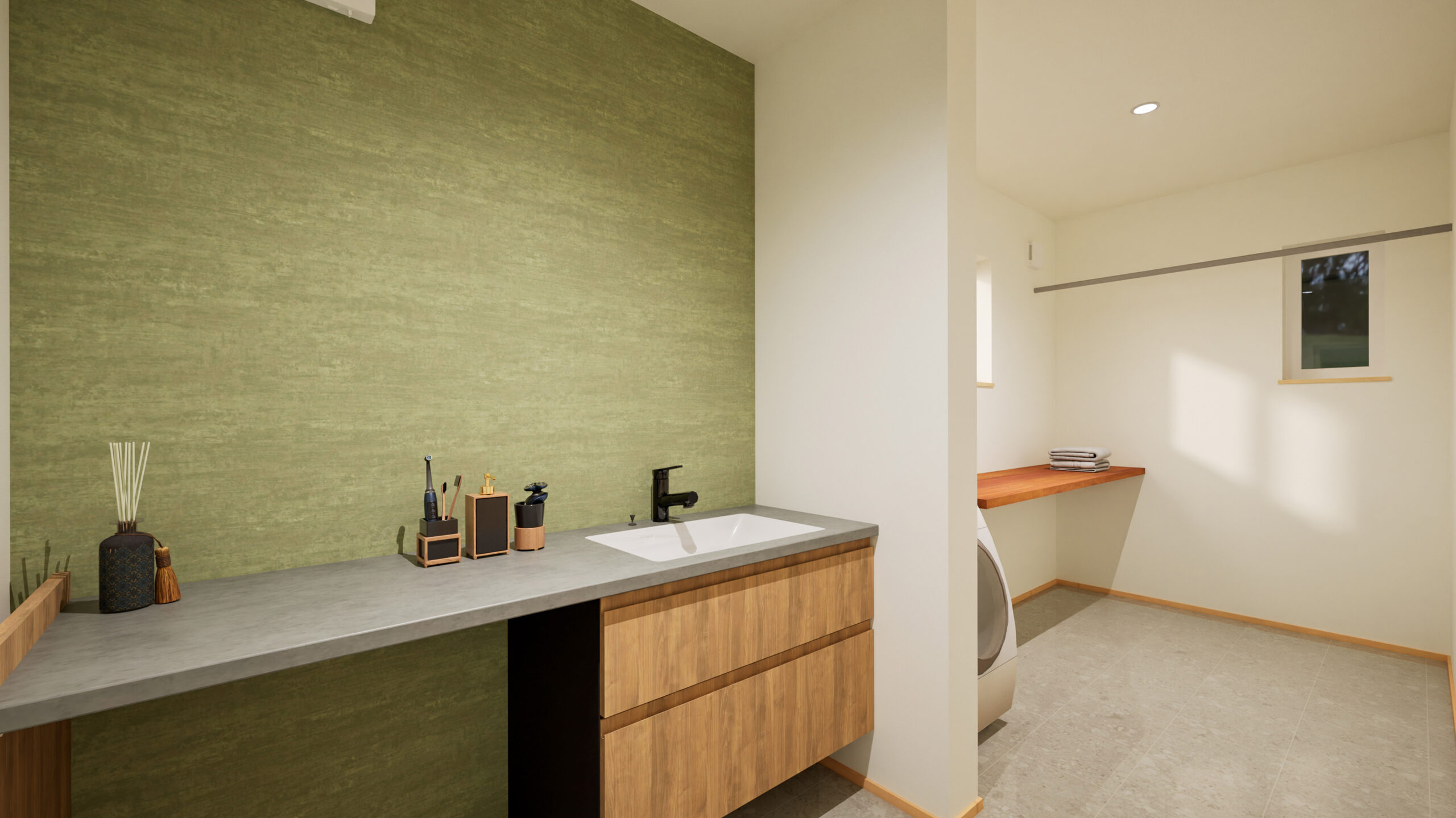 ランドリーとつながる洗面スペース