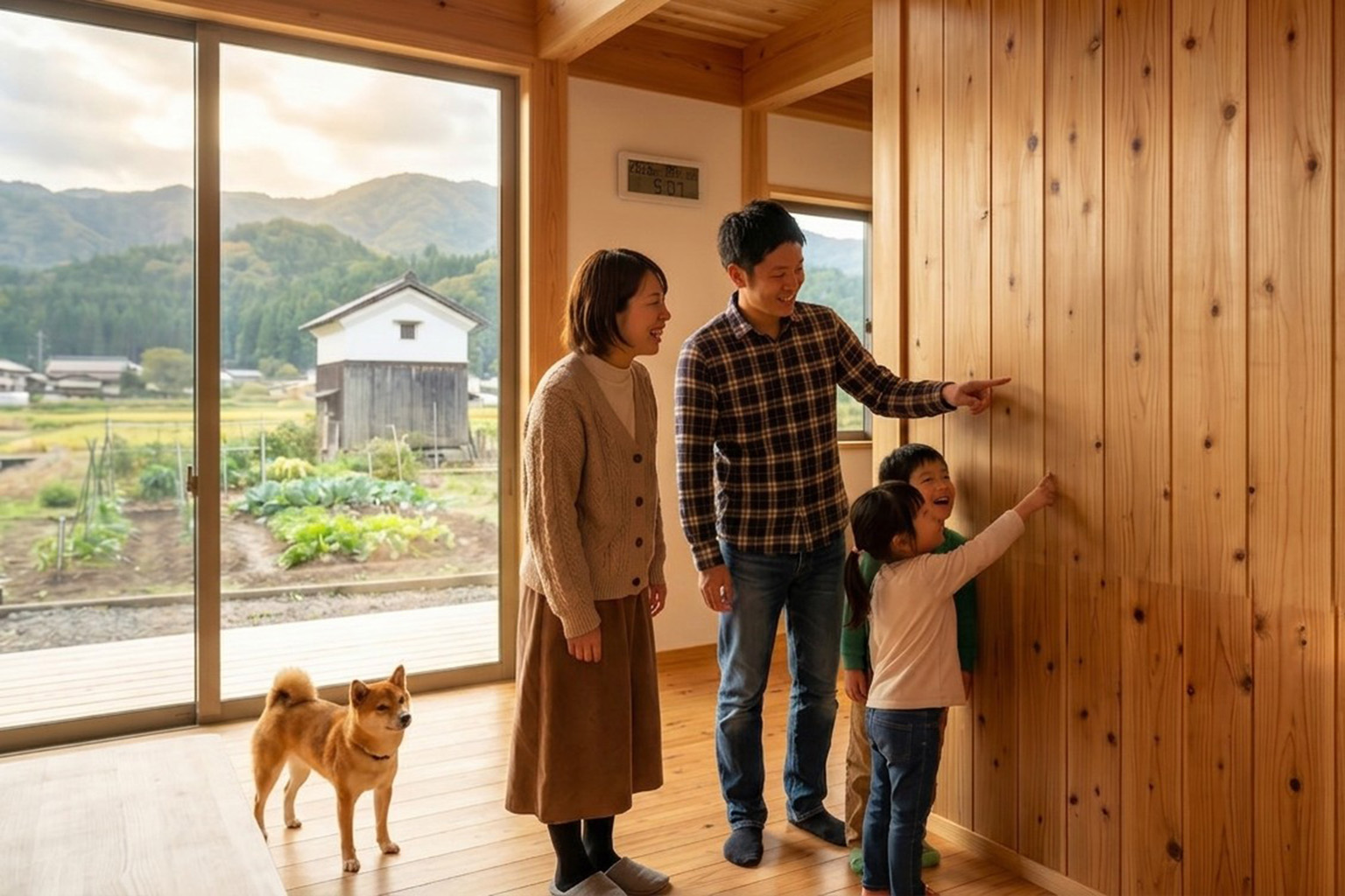 県産材を使った新築リビングと家族